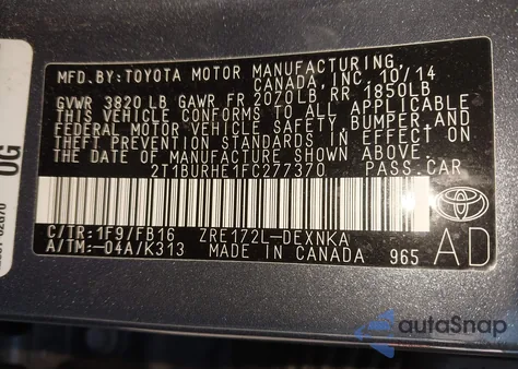 2015 Toyota Corolla Le z USA, uszkodzony, nr VIN 2T1BURHE1FC277370